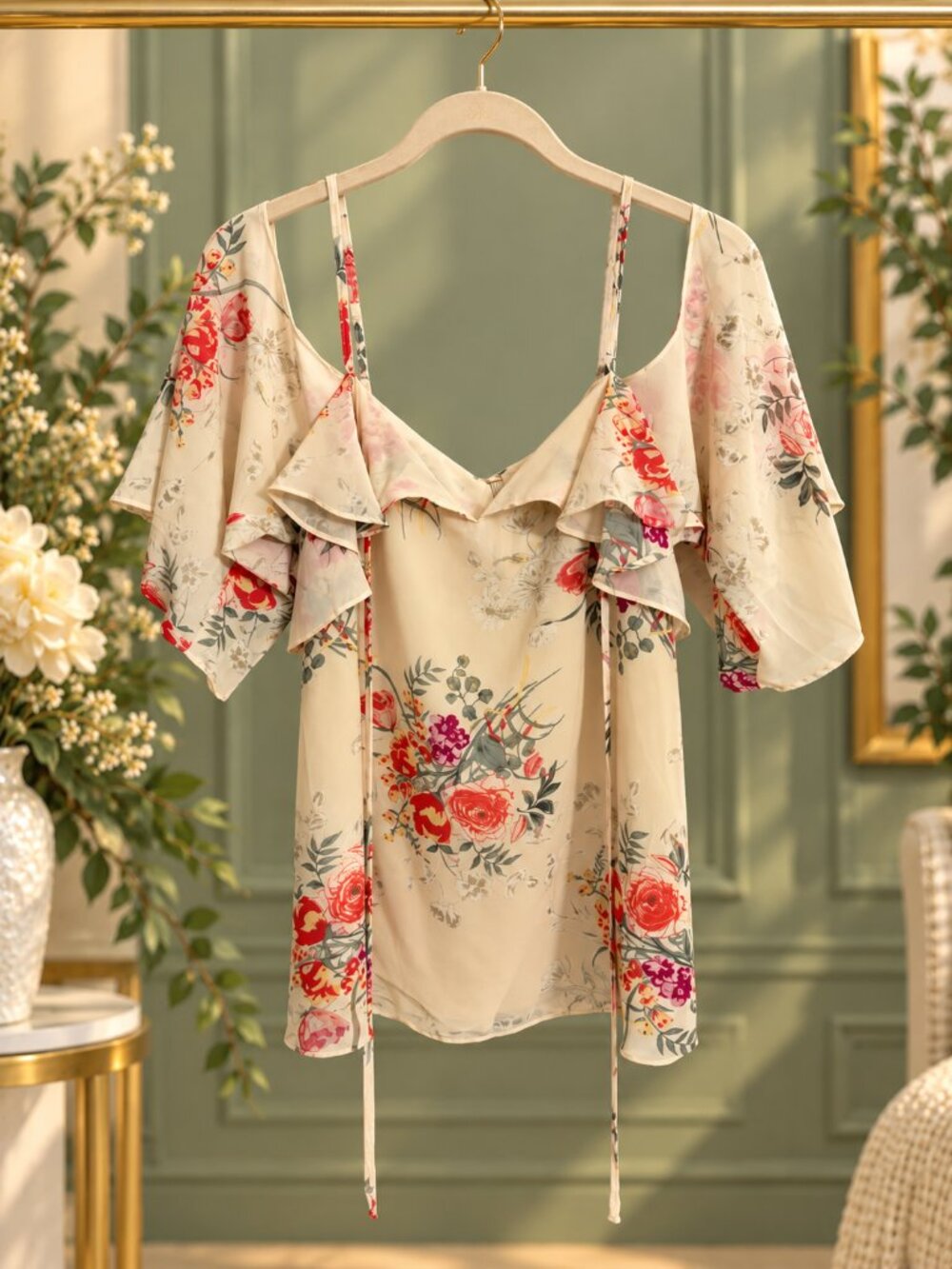 SOHO New York & Company Floral Cold Shoulder Ruffle Blouse S NWT